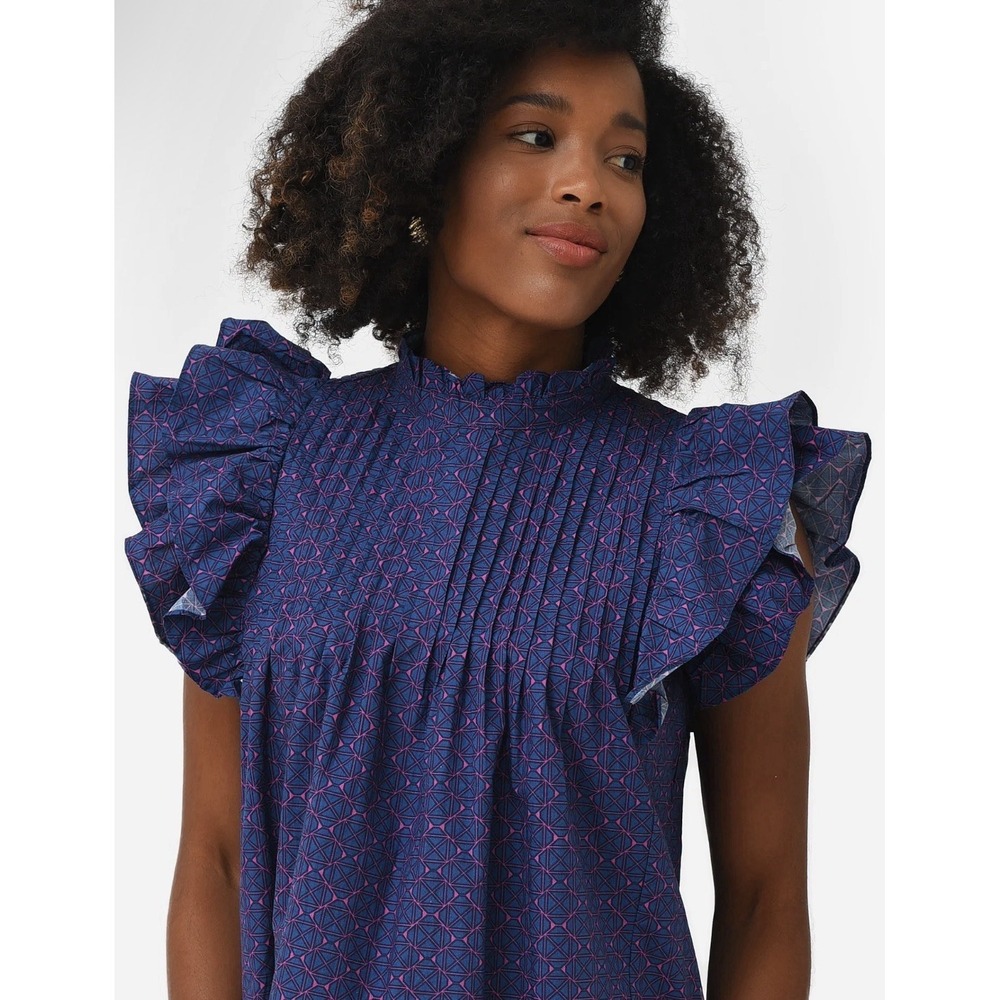 OLIPHANT Tuckernuck Pintuck Ruffle Button Blouse Top Blue‎ Print Size XS